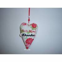Herz mit Tasche aus Rosenstoff mit "Beste Mama", bestickt, Satinband mit Holzperlen zum hängen und Schild "Danke" Bild 1