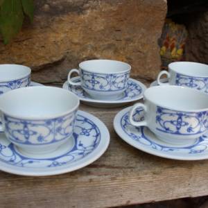 5 Kaffeetassen mit Untertassen Teetassen Indisch Blau Strohblume Bareuther Bavaria Bild 1
