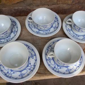 5 Kaffeetassen mit Untertassen Teetassen Indisch Blau Strohblume Bareuther Bavaria Bild 2