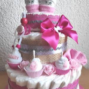 Windeltorte Mädchen rosa/weiss/pink Windelwichtel Schnullerpüppchen Dino Cupcakes aus Baby Waschlappen Jute Bild 1