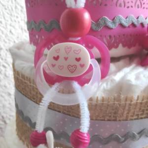 Windeltorte Mädchen rosa/weiss/pink Windelwichtel Schnullerpüppchen Dino Cupcakes aus Baby Waschlappen Jute Bild 3
