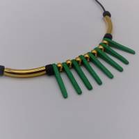 Lederkette, Halskette mit Keramikperlen, schwarz grün gold, 40 + 4 cm, Keramikschmuck Bild 1