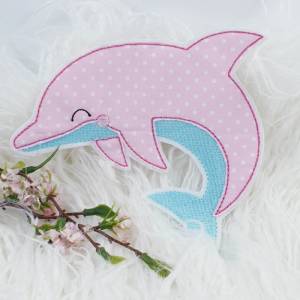 delfin aufnäher 13cm x 13cm Applikation bügelbild rosa türkise fisch meer fische delphin mädchen zum aufbügeln Bild 1