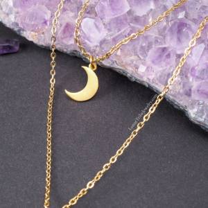 Goldene Rosenquarz Halskette mit Mondanhänger aus Edelstahl, mehrreihige goldene Kristallkette Bild 3