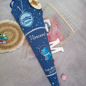 Schultüte zum Kopernikus Blau aus Stoff mit Namen Weltall Dino Bild 5
