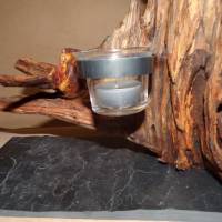 Wildholz Kerzenhalter aus einer Baumwurzel auf Schieferplatte Bild 2