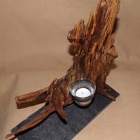 Wildholz Kerzenhalter aus einer Baumwurzel auf Schieferplatte Bild 4
