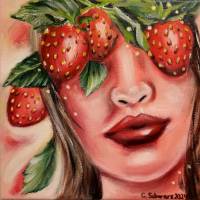 ERDBEERMÄDCHEN - gemaltes Frauenportrait mit Erdbeeren auf Leinwand 20cmx20cm von Christiane Schwarz Bild 1