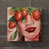 ERDBEERMÄDCHEN - gemaltes Frauenportrait mit Erdbeeren auf Leinwand 20cmx20cm von Christiane Schwarz Bild 2