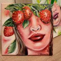 ERDBEERMÄDCHEN - gemaltes Frauenportrait mit Erdbeeren auf Leinwand 20cmx20cm von Christiane Schwarz Bild 7