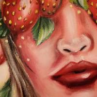 ERDBEERMÄDCHEN - gemaltes Frauenportrait mit Erdbeeren auf Leinwand 20cmx20cm von Christiane Schwarz Bild 8