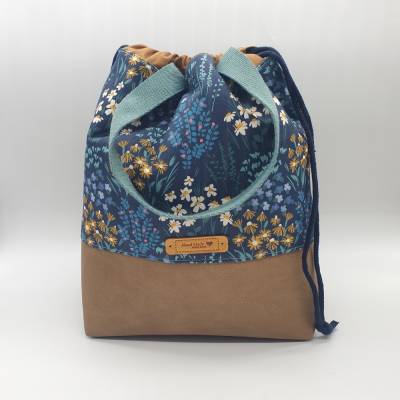 Handarbeitstasche/Projekttasche mit Blüten blau/türkis