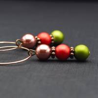 Creolen Ohrringe mit Perlen, altrosa, rot und olivgrün Bild 1