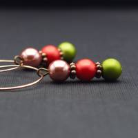 Creolen Ohrringe mit Perlen, altrosa, rot und olivgrün Bild 5