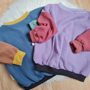 Visuell Design - Patchwork - Musselin Musselinshirt Langarmshirt Uni Farben Baumwolle Ökotex Kinder Oversize - luftig Bild 1