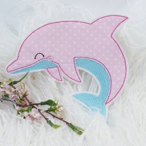 delfin aufnäher 9,5cm x 9cm Applikation bügelbild rosa türkise fisch meer fische delphin mädchen zum aufbügeln Bild 1